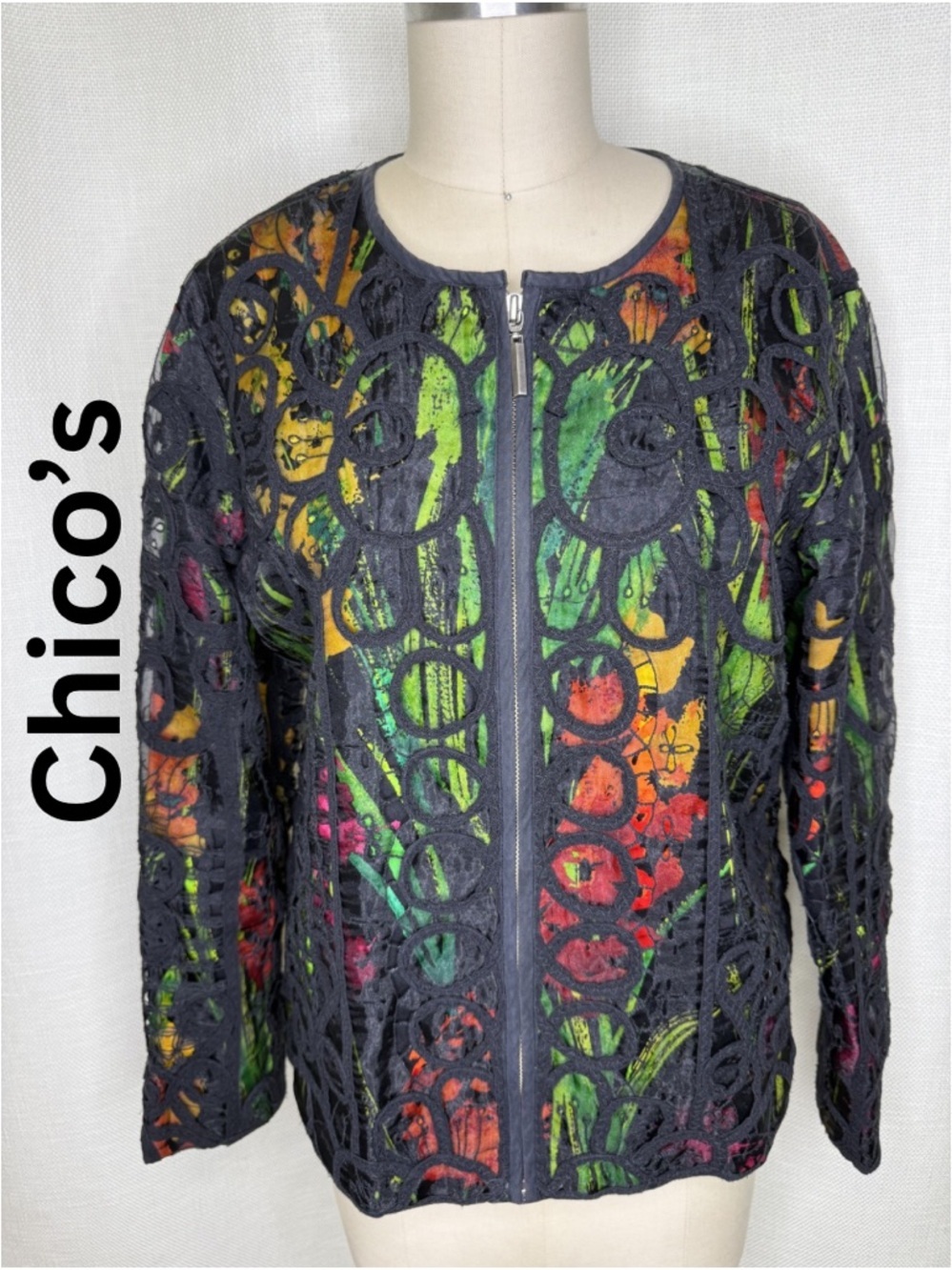 Chico’s Art Jacket Size 1 Black Lace Overlay Floral Print Zip Front Bold Chic